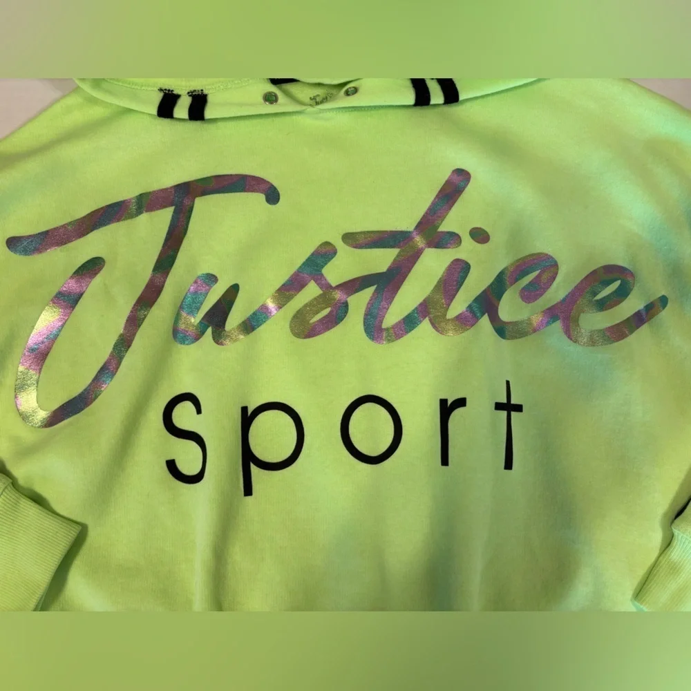 Justice Sport cropped lime green hoodie metallic graphic logo size girls XL